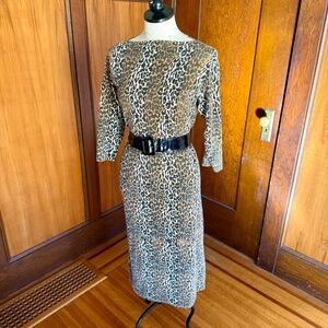 Vintage 50s 1950s Leopard Print Pencil Wiggle Dress, Stretch, Extra Large XL